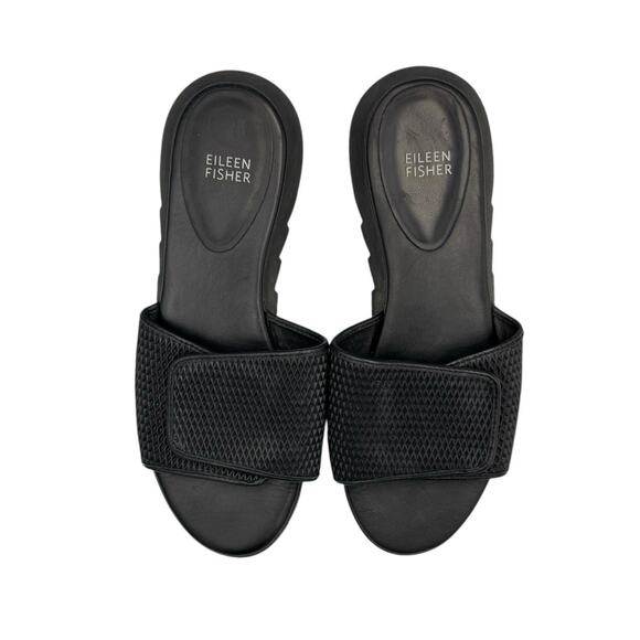 Eileen Fisher Black Textured Adjustable Hook & Loop Open Toe Flat Slide Sandals - Picture 3 of 10